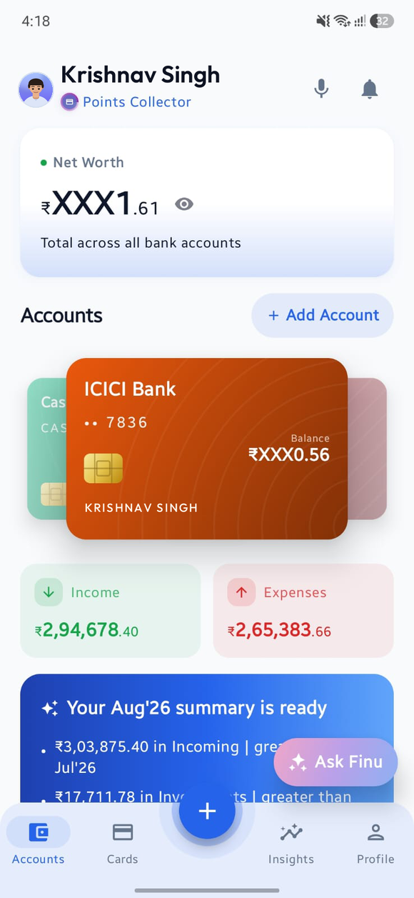 Expensio dashboard showing net worth, accounts and recent transactions